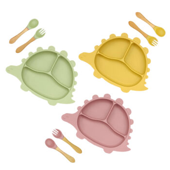 Plato Dino de silicona con cubiertos combinados