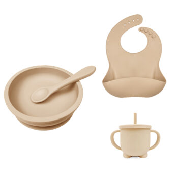 Set personalizable: bowl redondo + cuchara + babero + vaso antiderrame