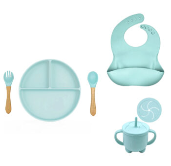 Set personalizable: plato 3 divisiones + cubiertos + babero + vaso antiderrame / taza snacks
