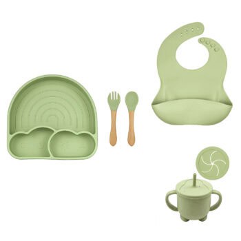 Set personalizable: plato Arcoiris con tapa + cubiertos + babero + vaso antiderrame / taza snacks