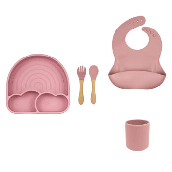 Set personalizable: plato Arcoiris con tapa + cubiertos + babero + vaso simple