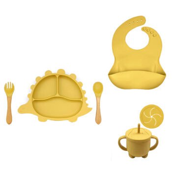 Set: Plato Dino + babero y vaso 2 en 1 personalizables + cubiertos
